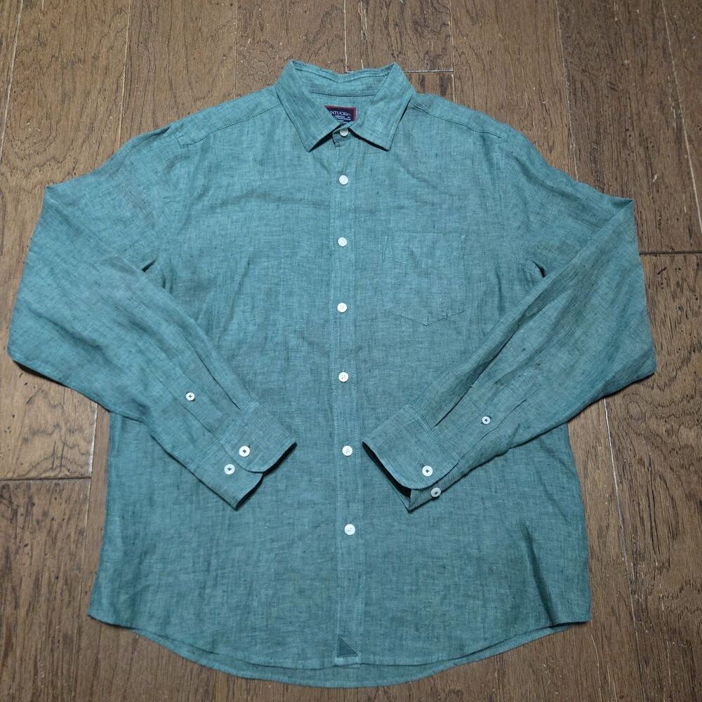 UNTUCKit Shirt Mens Medium Slim Fit Green 100% Linen Wrinkle Resistant Button